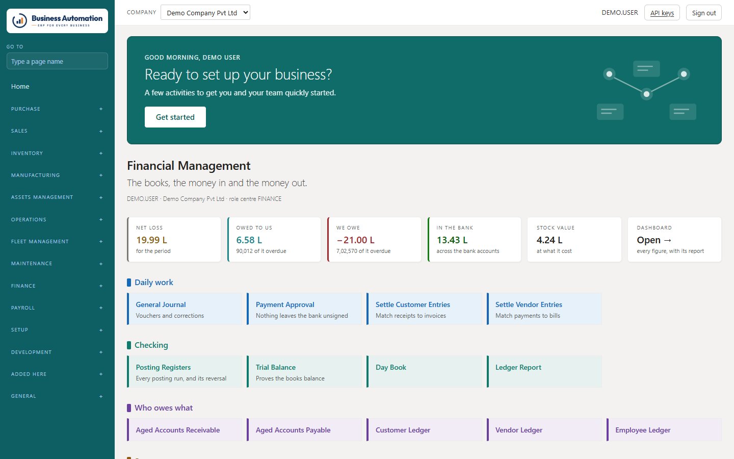 The finance role centre with key figures and daily tasks