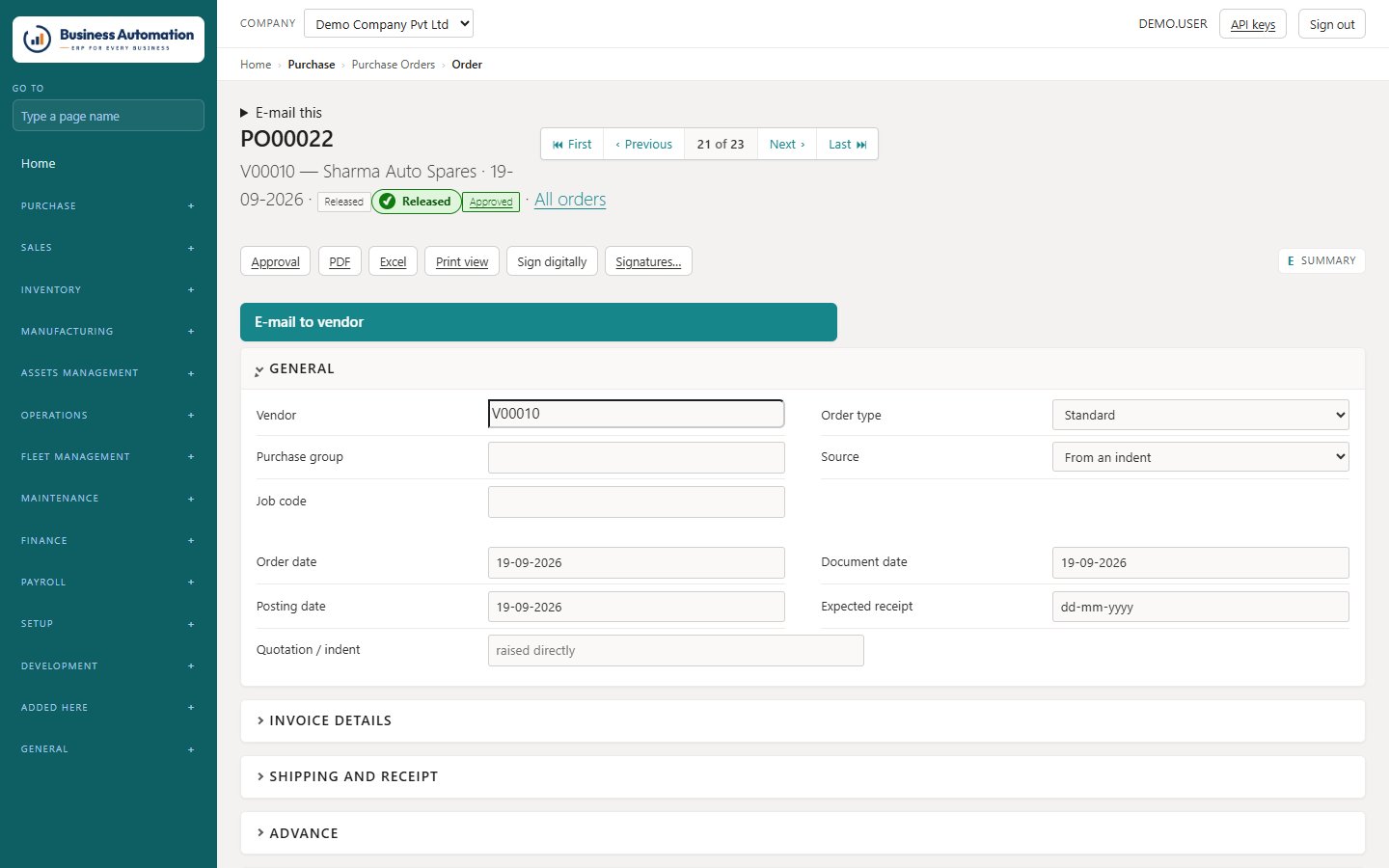 A purchase order in Business Automation, with First, Previous, Next and Last record navigation