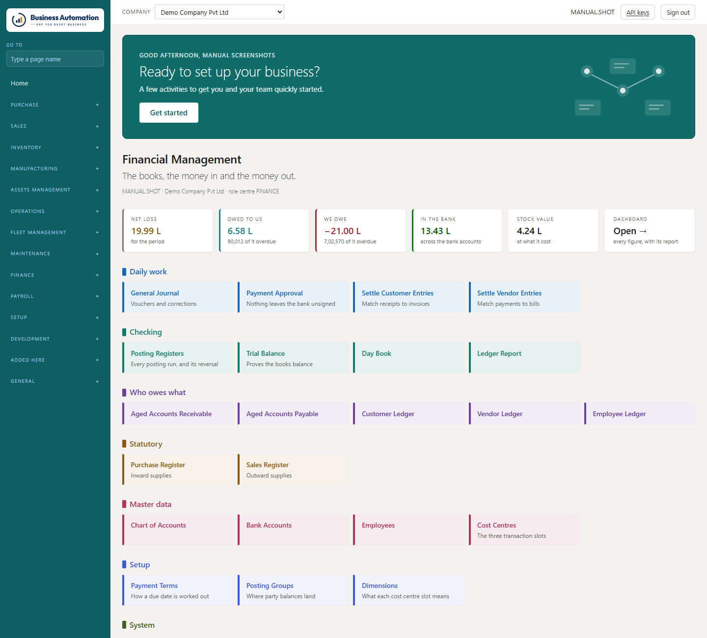 The home page: the menu on the left, the company box at the top, the figure strip and your daily links