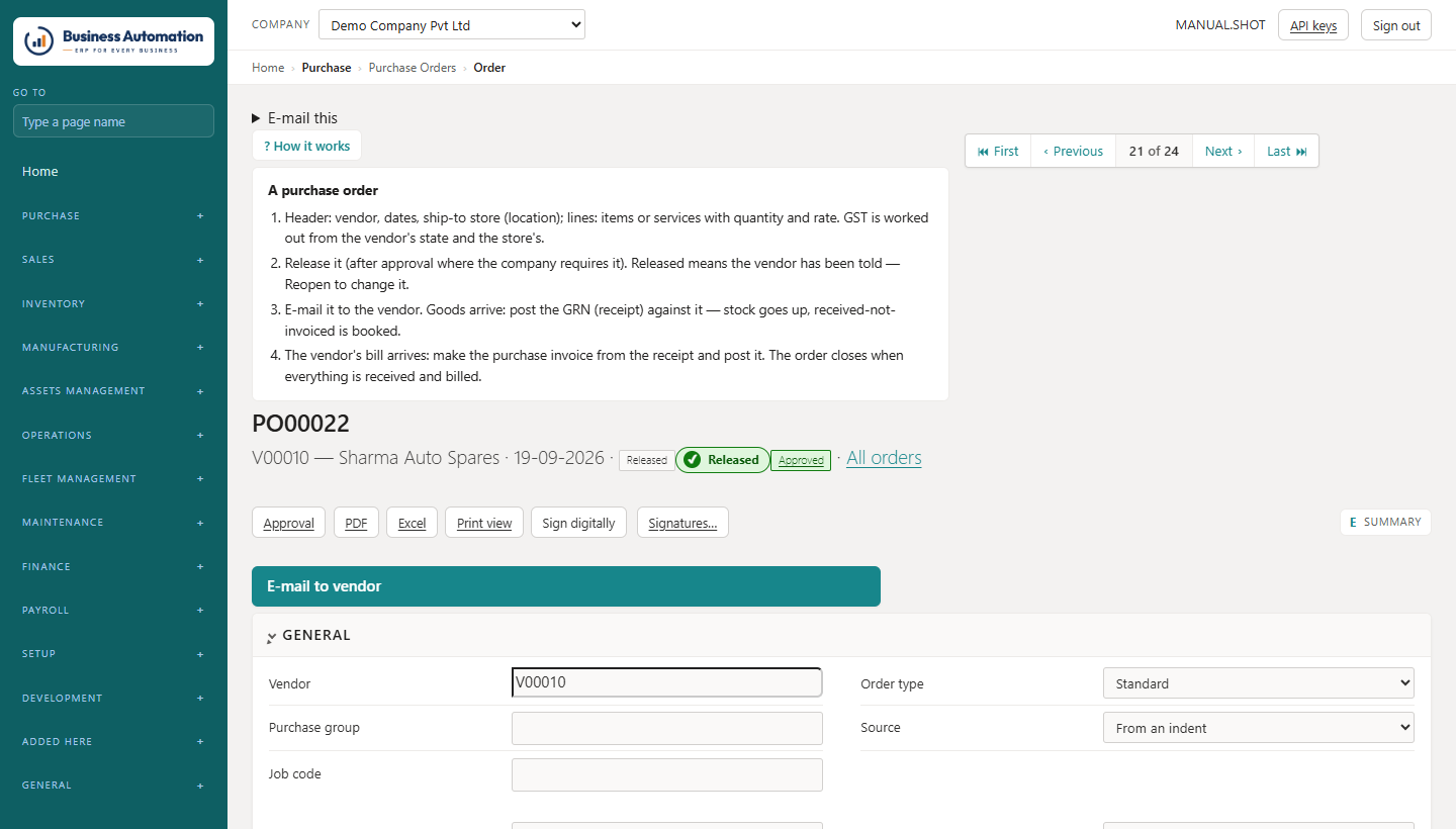"How it works" opened on a purchase order, beside the record bar