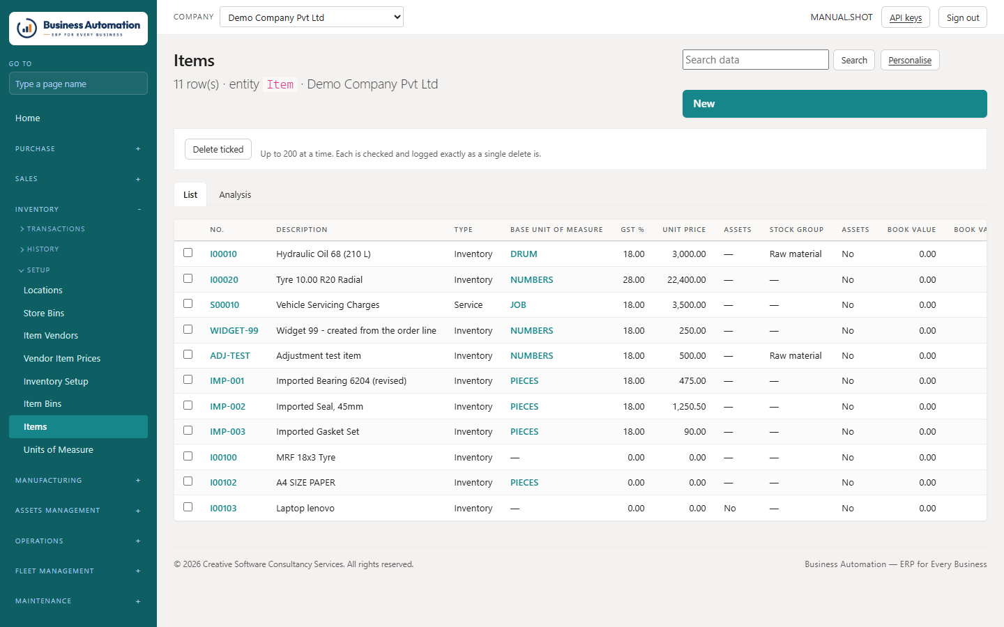 A list: filter row, links, and the four audit columns at the end