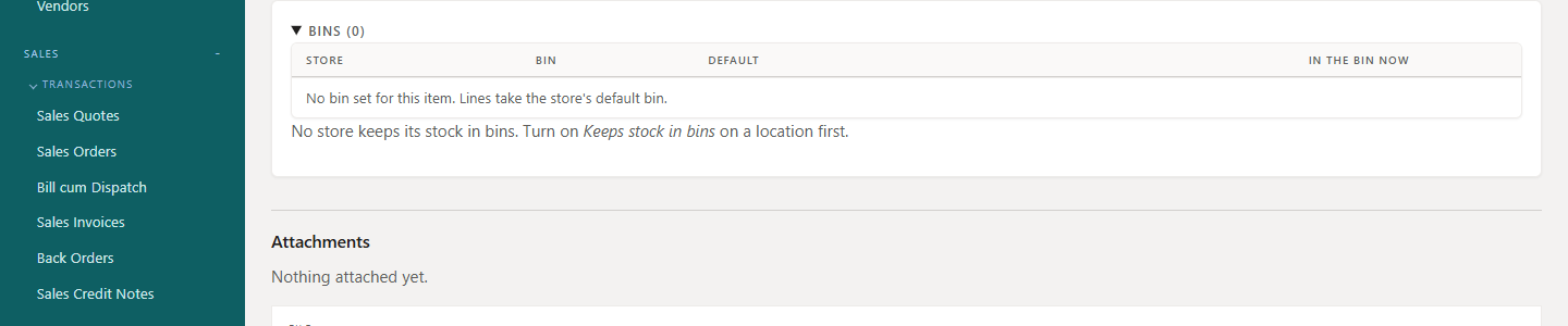 The Bins section at the bottom of the item card