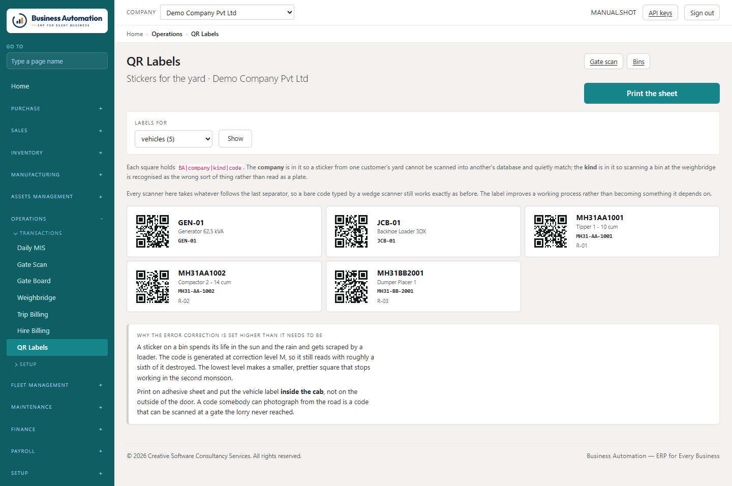 QR labels for a whole sheet
