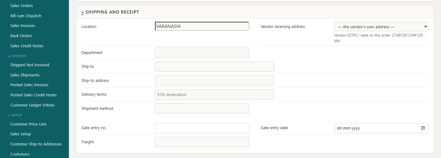 Choosing the vendor receiving address on the purchase order