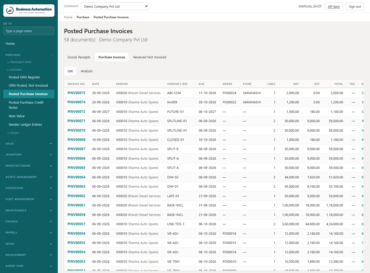 Posted purchase invoices