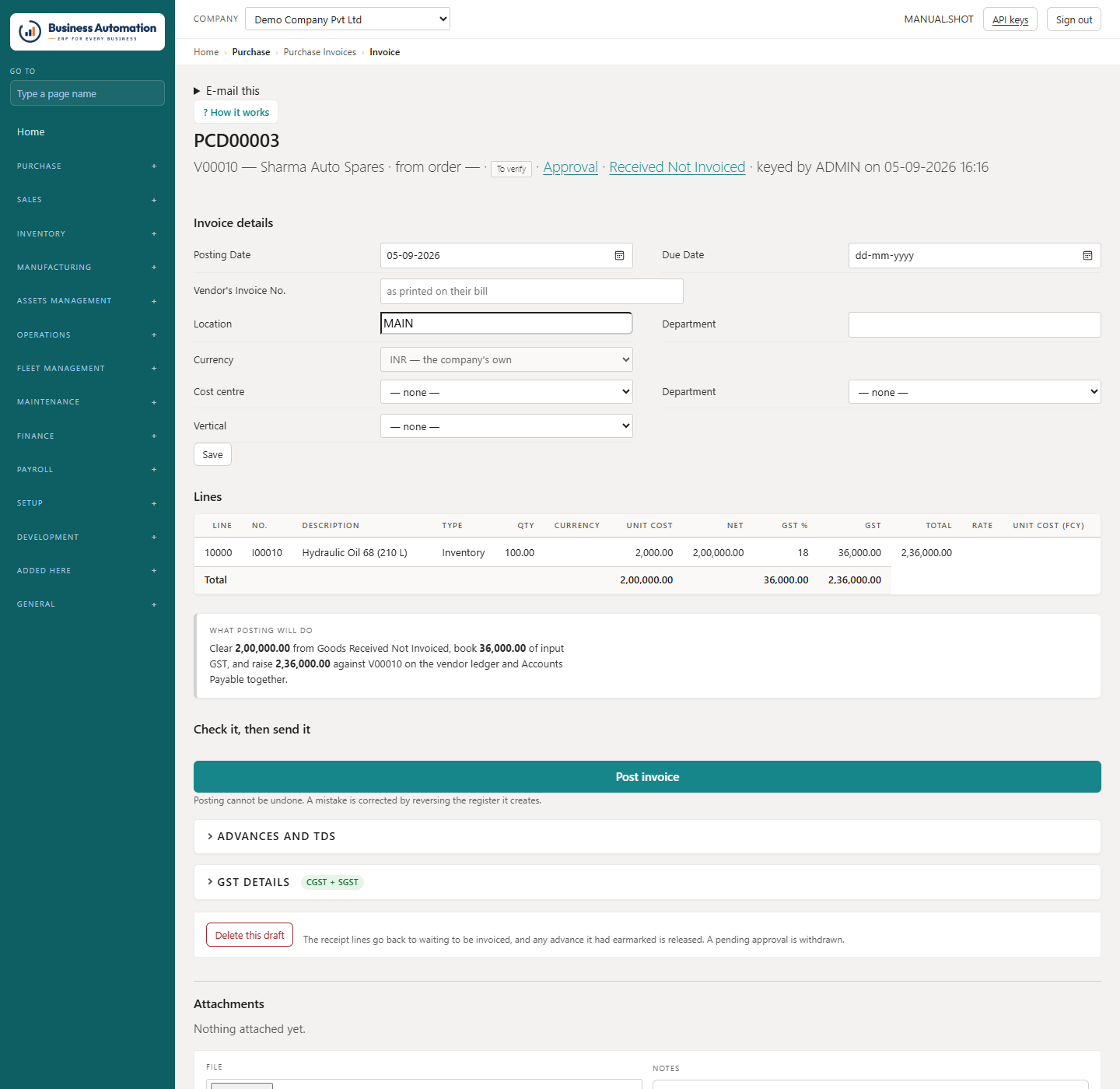 The purchase invoice card