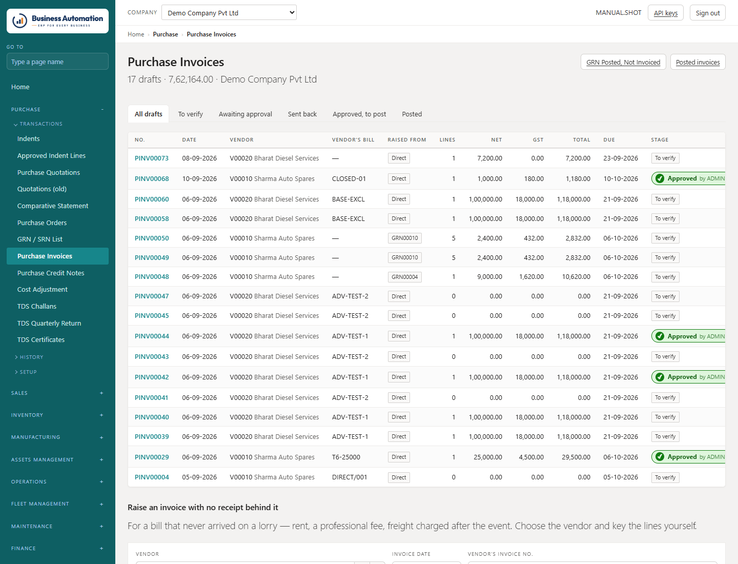 Purchase invoices, drafted and waiting