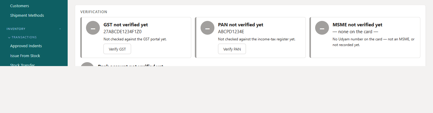 Verification marks on the vendor card