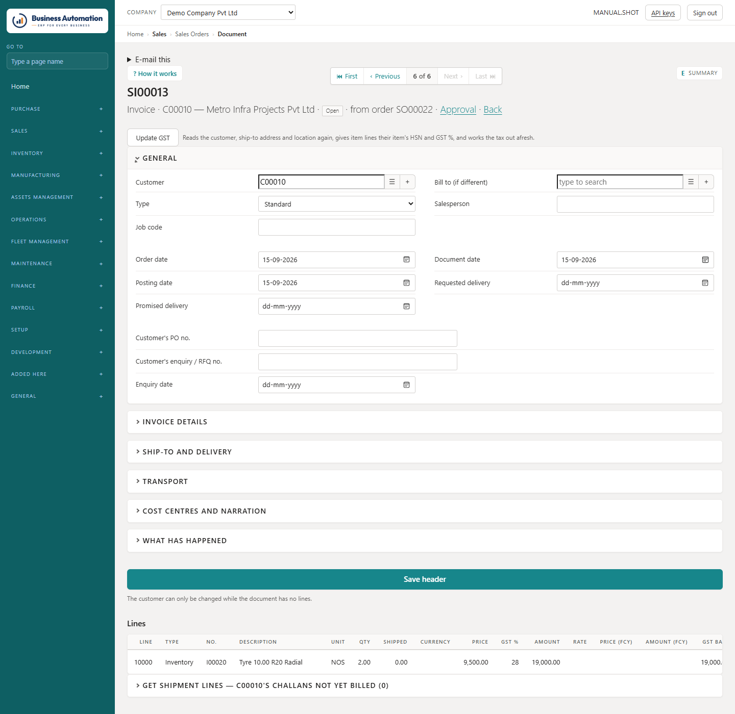 A draft sales invoice
