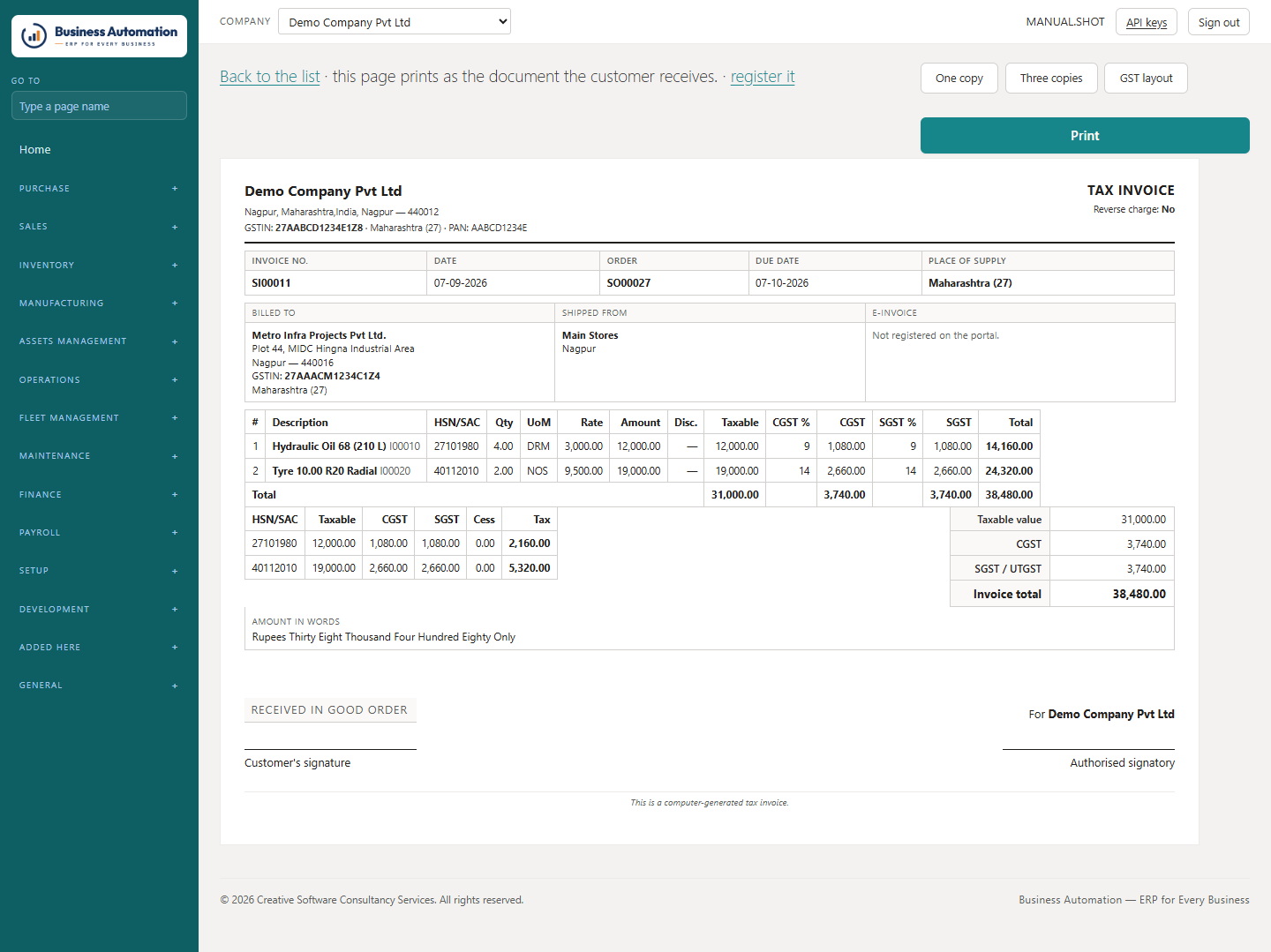 The tax invoice as the customer receives it