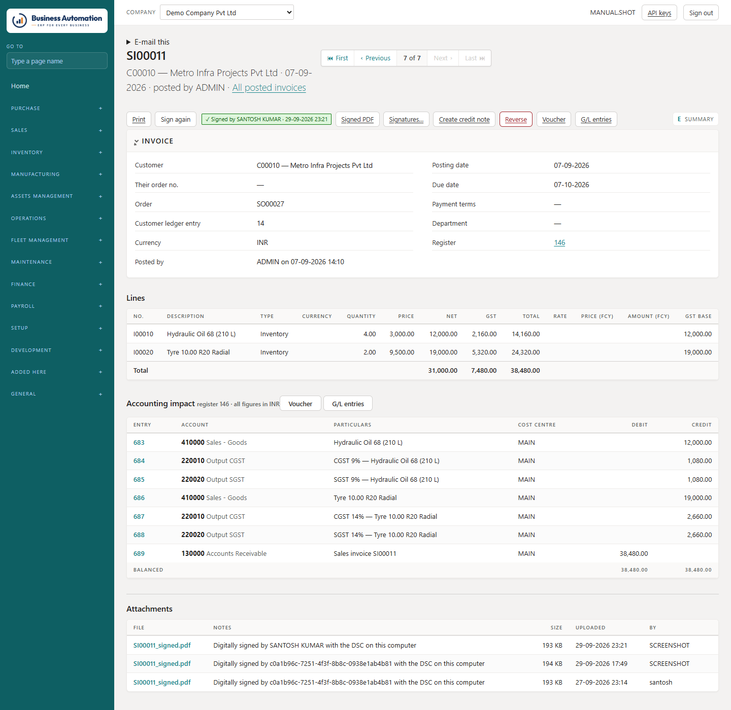 A posted sales invoice