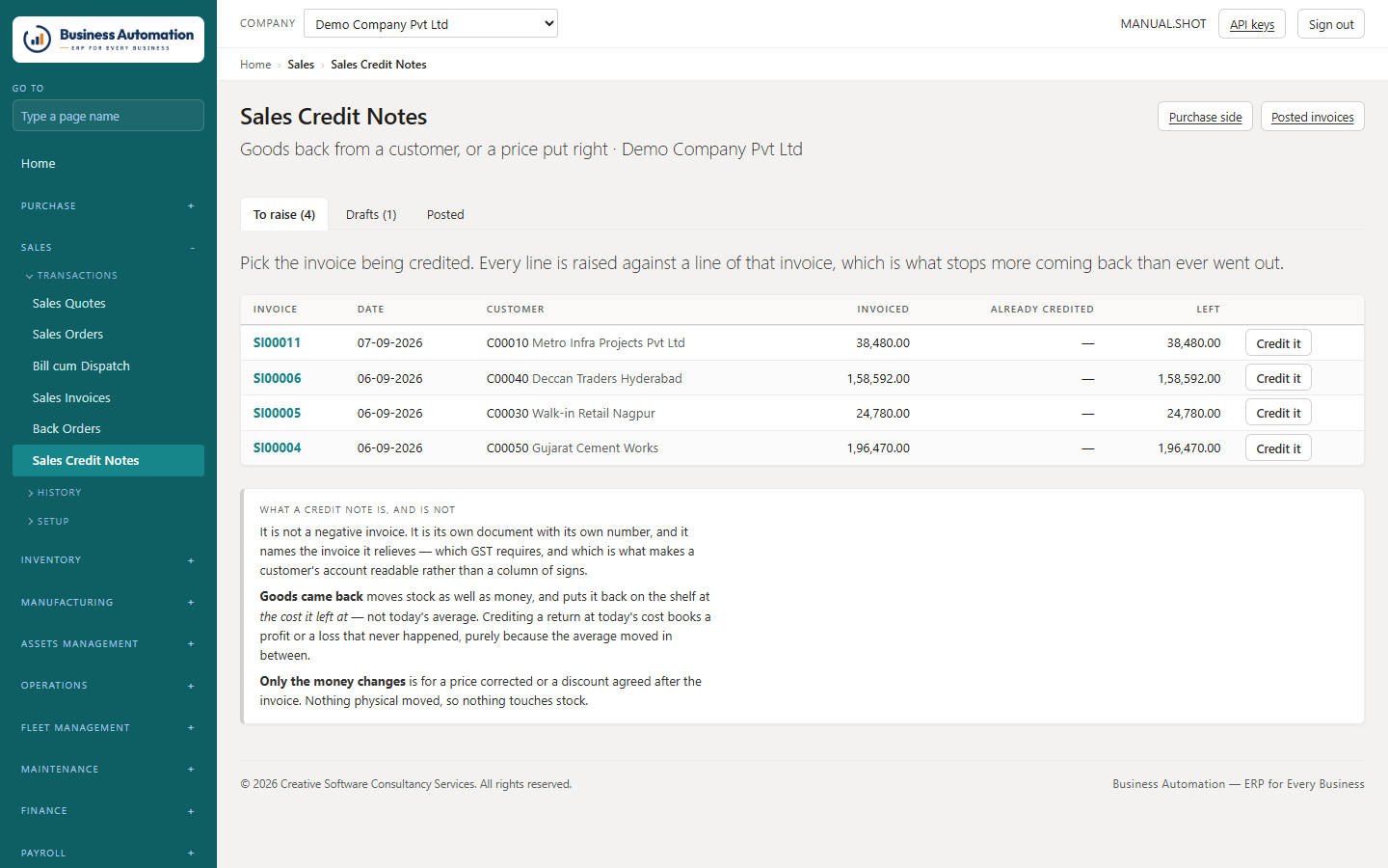 Sales credit notes