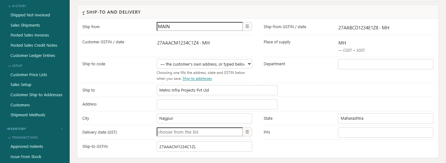 Ship-to and delivery: ship-from and customer GSTIN, place of supply (CGST + SGST or IGST) and the ship-to code