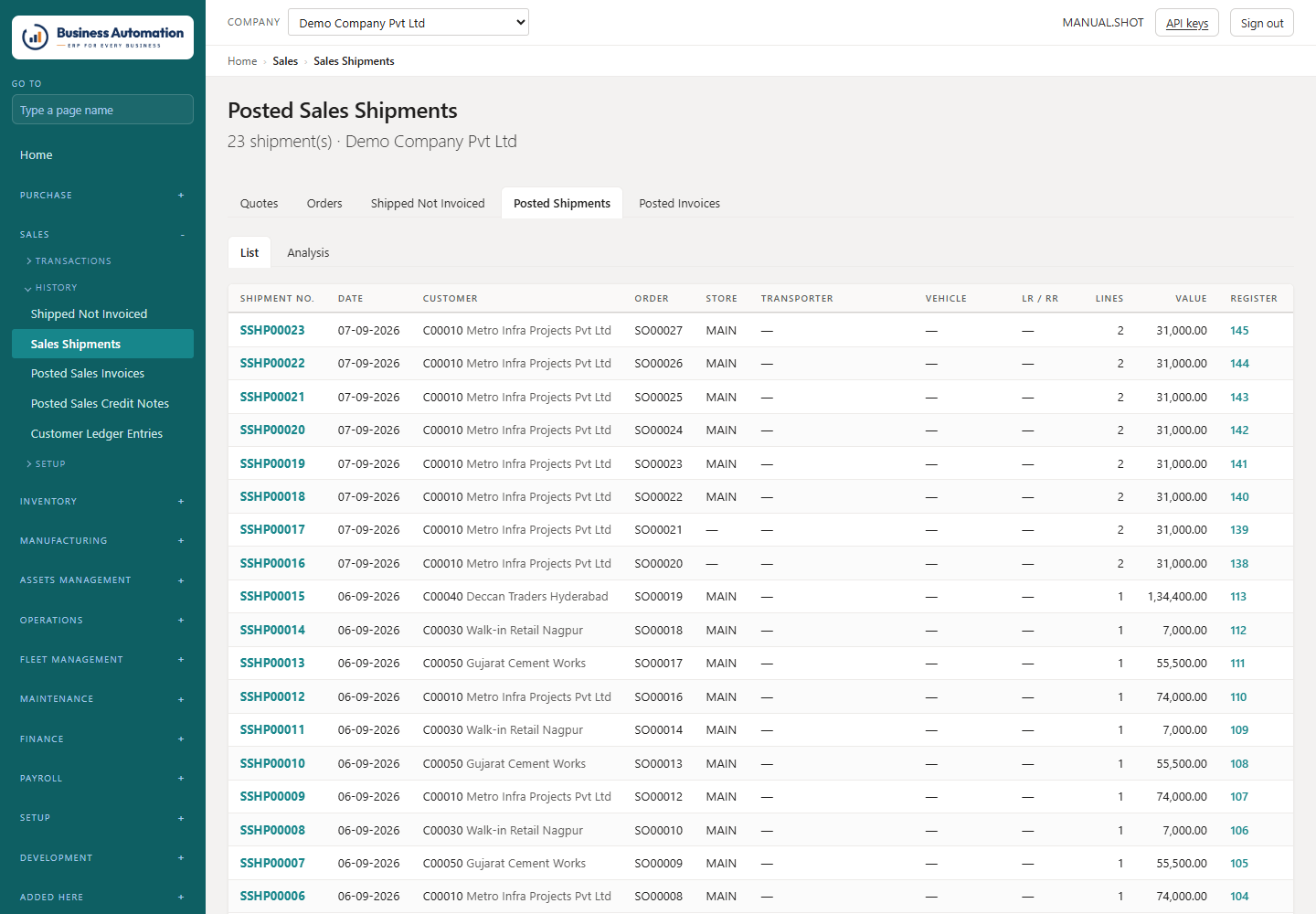 Sales shipments (delivery challans)