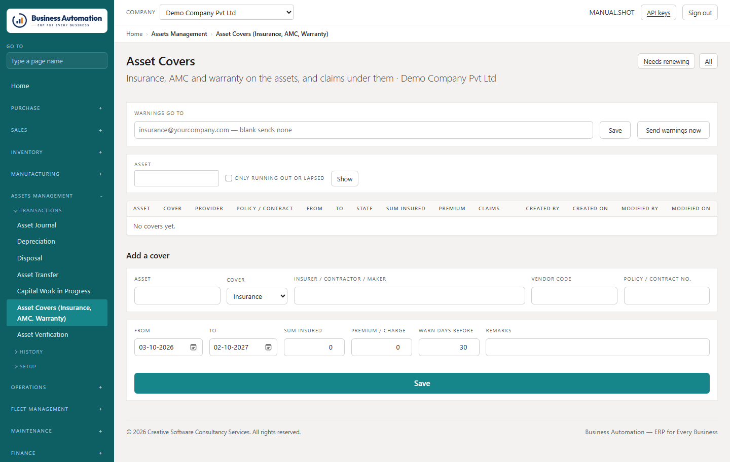 Insurance, AMC and warranty covers