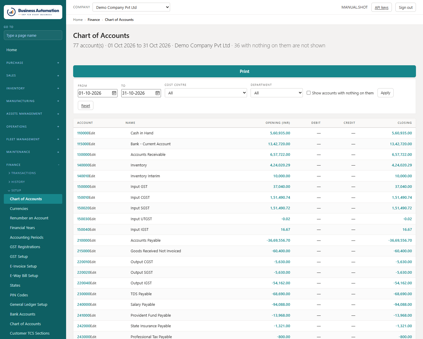 The chart of accounts: opening, debit, credit, closing