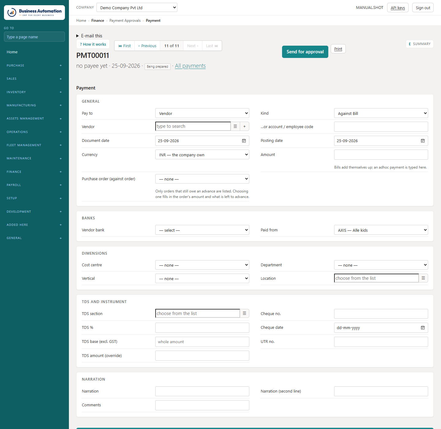 A payment request with its bills
