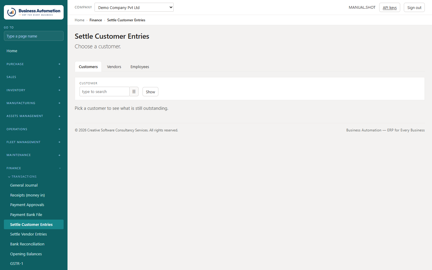 Settle customer entries