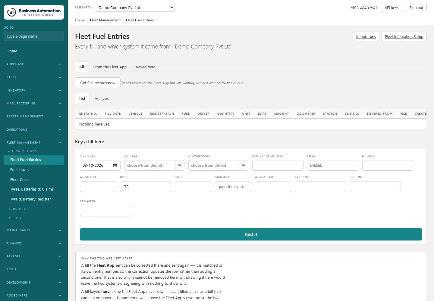 Fleet fuel entries