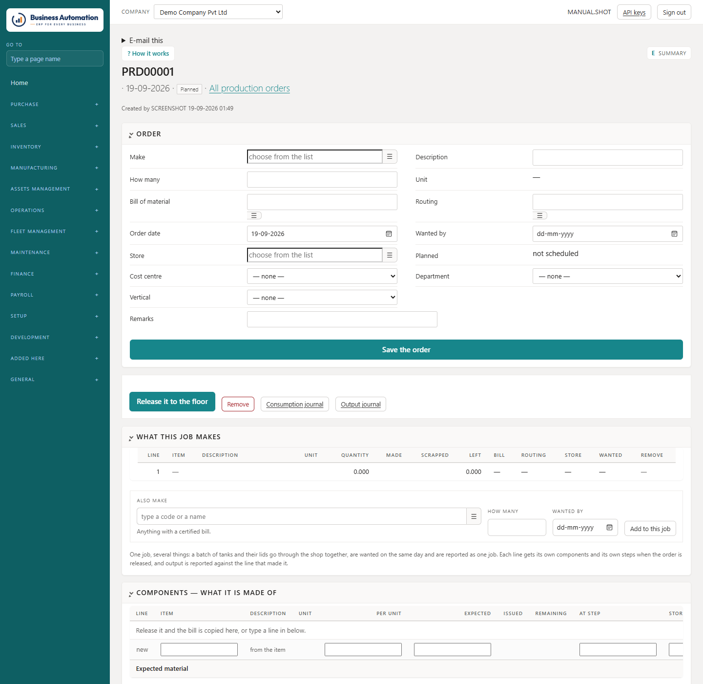 A production order: head, components and operations