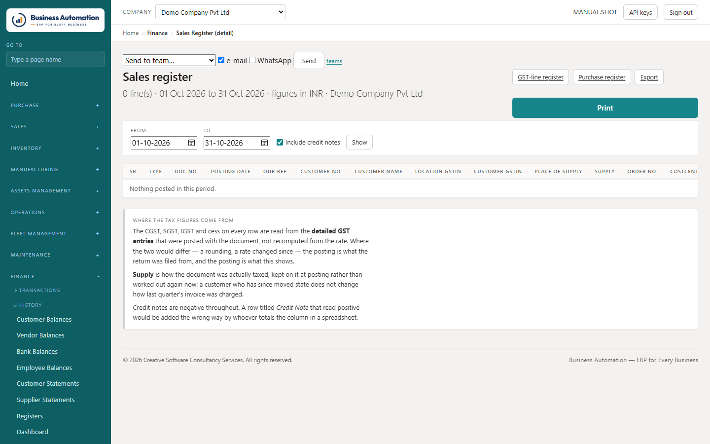 Sales register, line by line