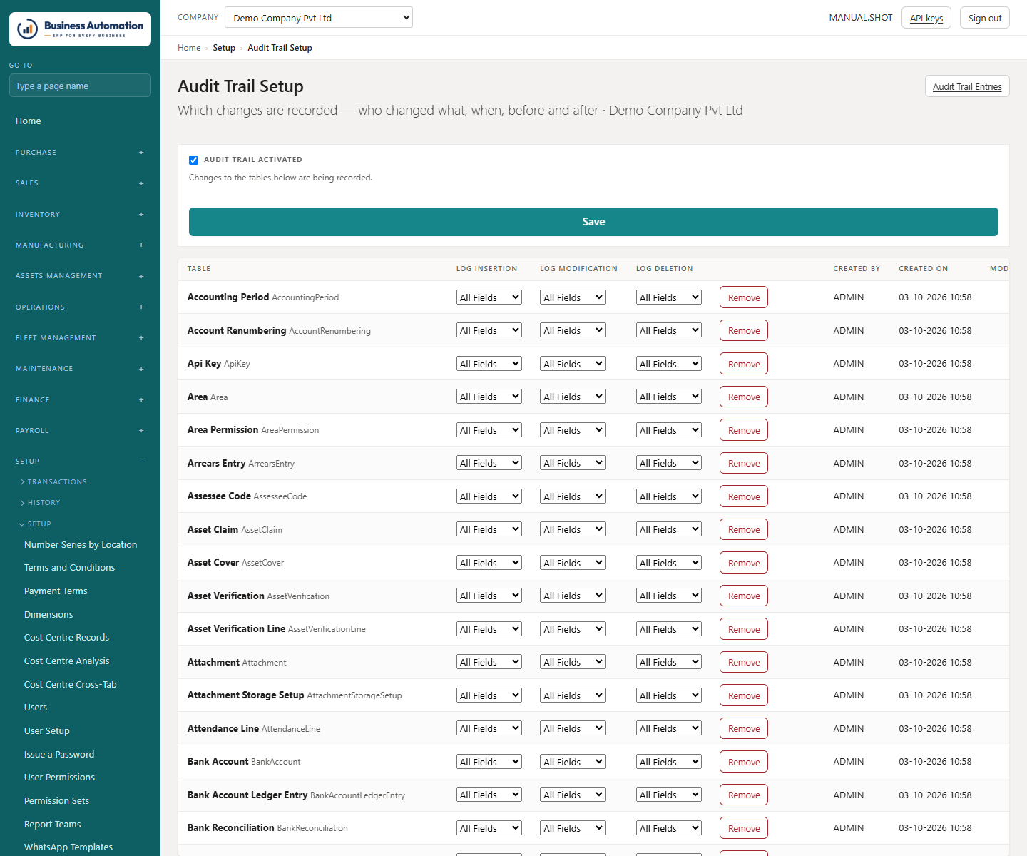Audit trail setup
