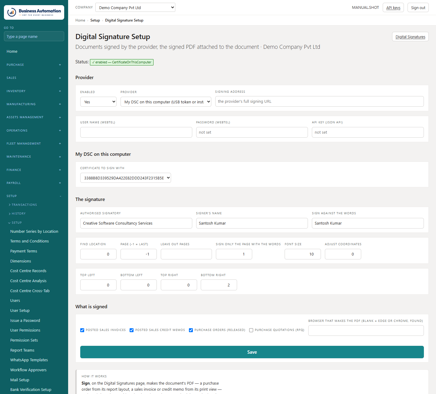 Digital signature setup