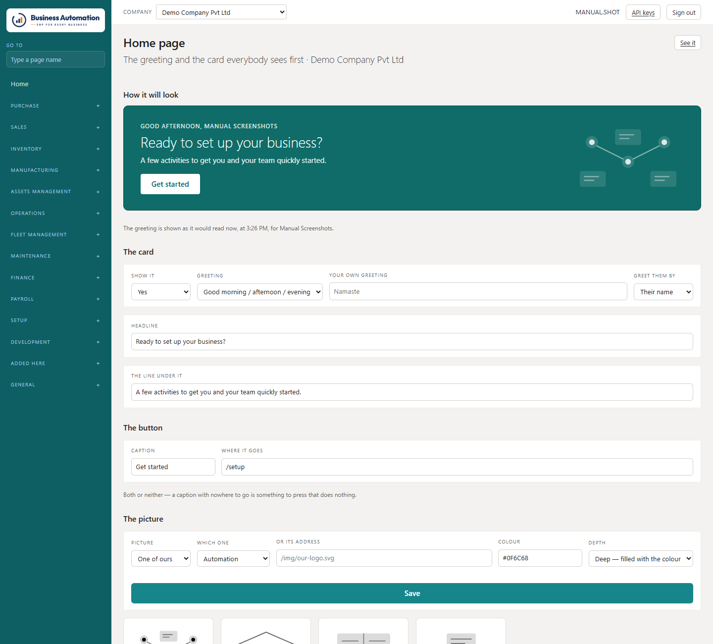 Home page setup with live preview