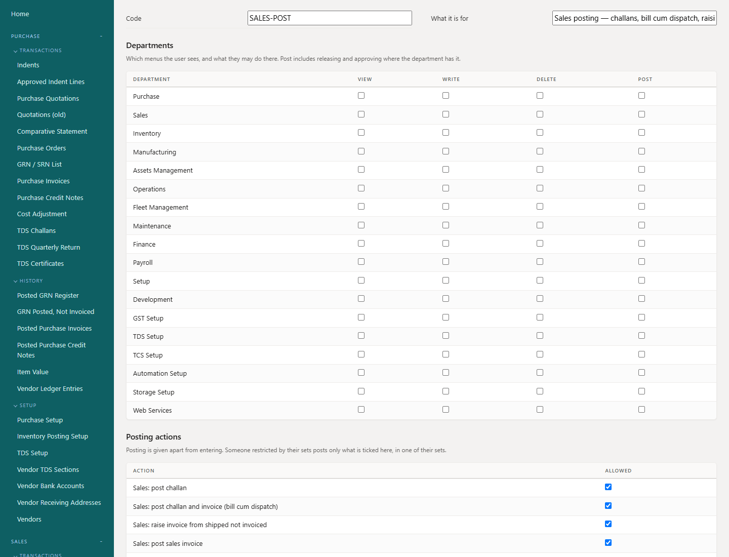 Posting actions on the SALES-POST set