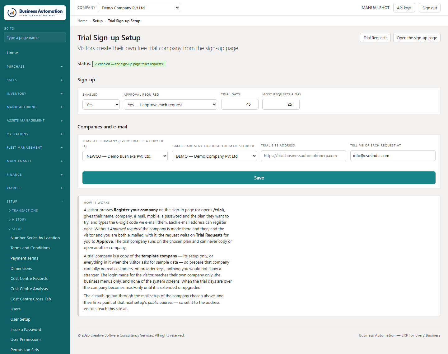Trial sign-up setup