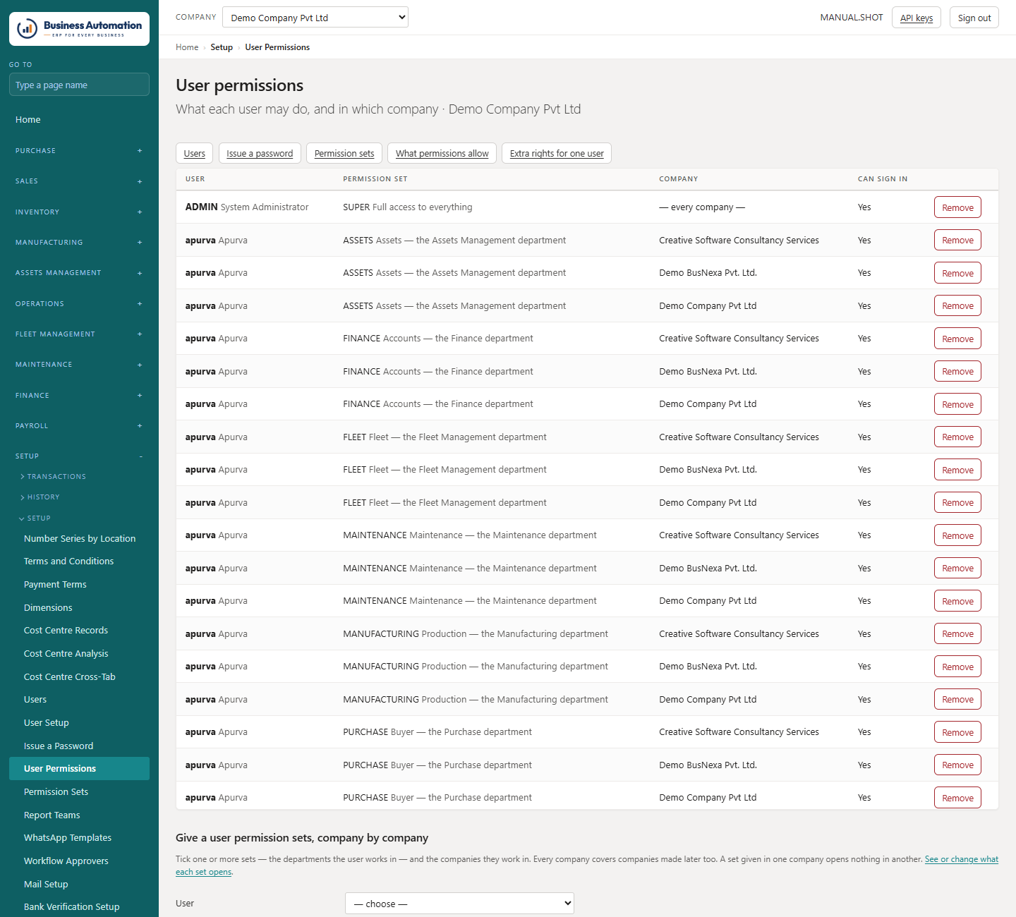 User permissions: sets and companies