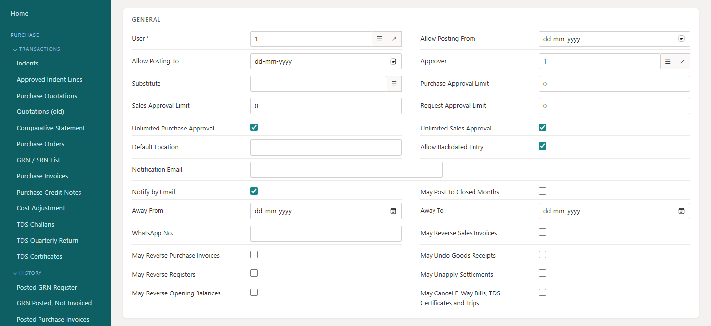 Special rights on the user setup card